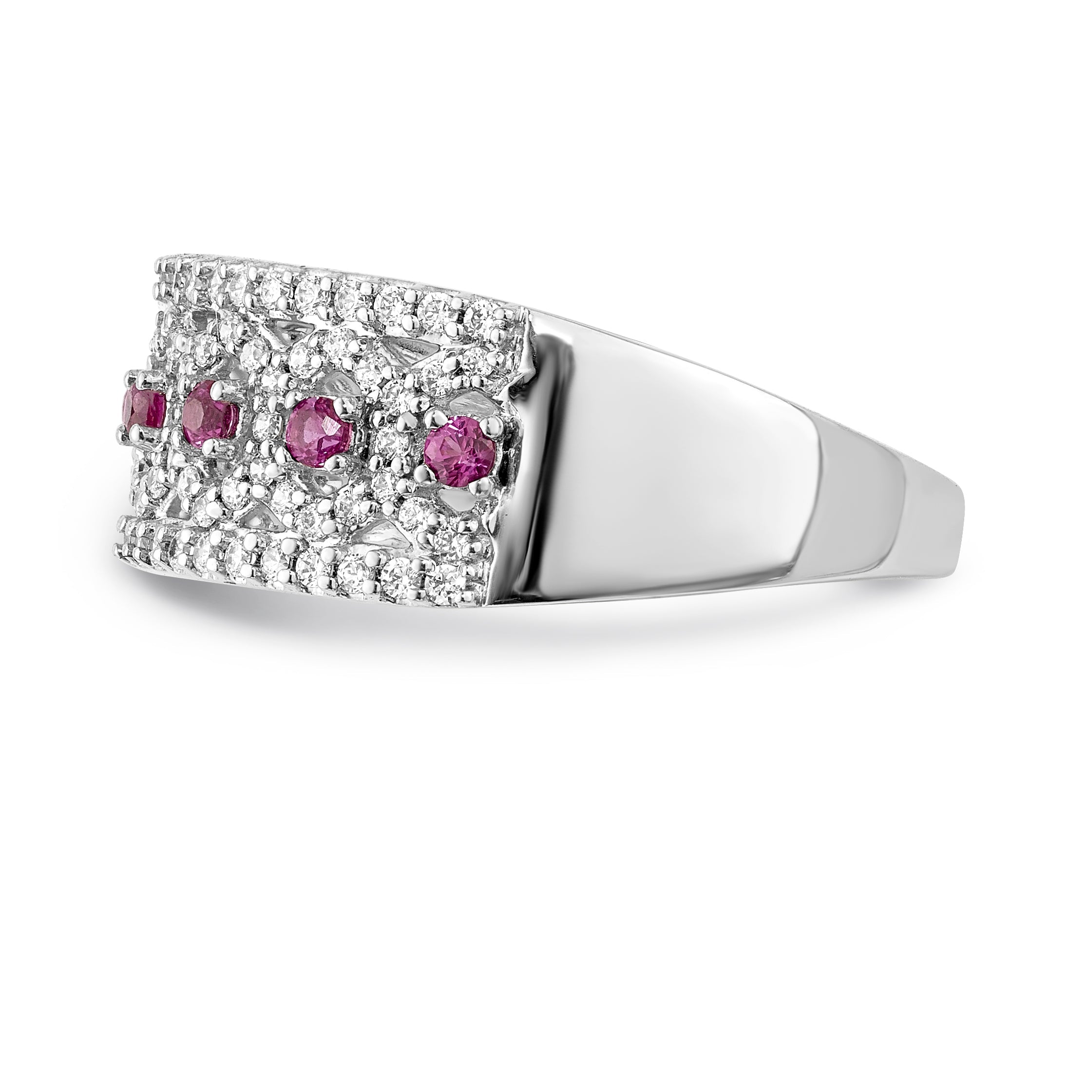 Solid 14k White Gold Simulated CZ w/Simulated Ruby Band