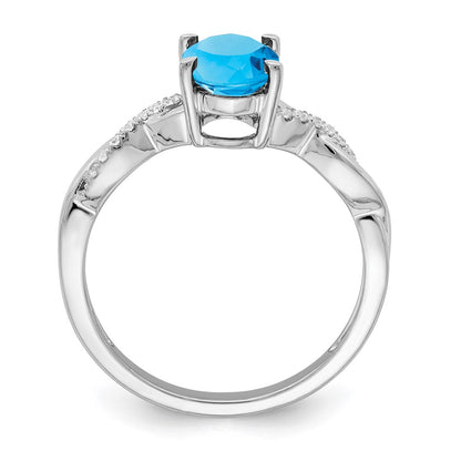 Solid 14k White Gold Oval Simulated Blue Topaz and CZ Ring