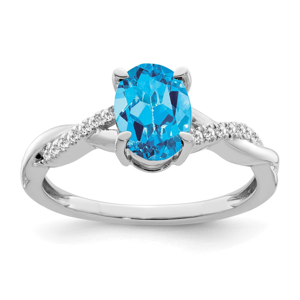 Solid 14k White Gold Oval Simulated Blue Topaz and CZ Ring