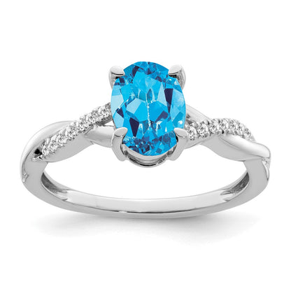 Solid 14k White Gold Oval Simulated Blue Topaz and CZ Ring