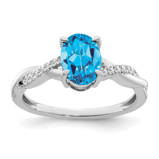 Solid 14k White Gold Oval Simulated Blue Topaz and CZ Ring