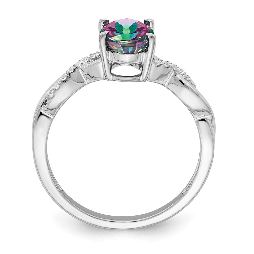 Solid 14k White Gold Oval Mystic Fire Topaz and Simulated CZ Ring