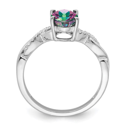 Solid 14k White Gold Oval Mystic Fire Topaz and Simulated CZ Ring