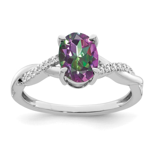Solid 14k White Gold Oval Mystic Fire Topaz and Simulated CZ Ring