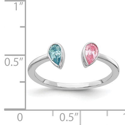 Solid 14k White Gold Pear Simulated Blue Topaz and Pink Tourmaline Ring