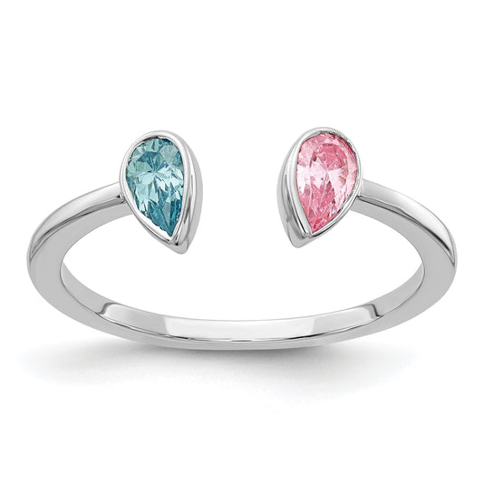 Solid 14k White Gold Pear Simulated Blue Topaz and Pink Tourmaline Ring