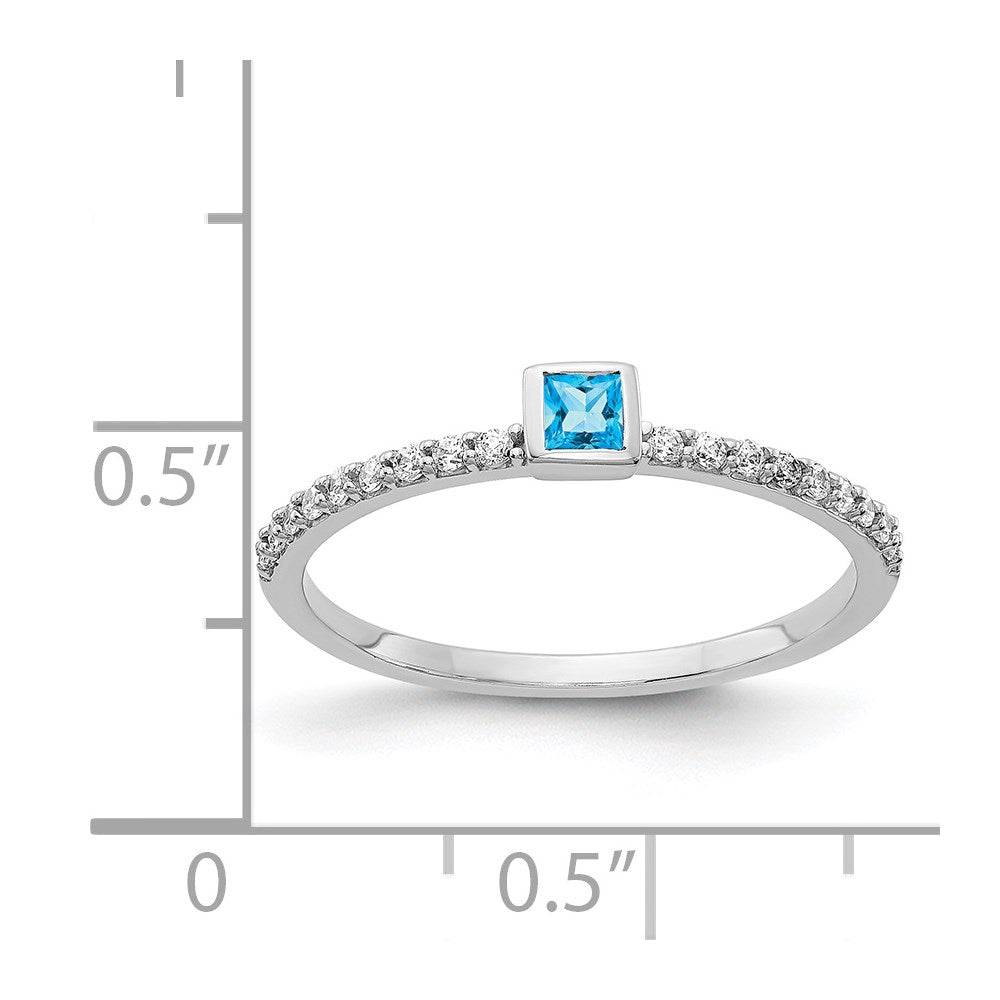 Solid 14k White Gold Simulated CZ and Princess Blue Topaz Ring