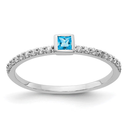 Solid 14k White Gold Simulated CZ and Princess Blue Topaz Ring