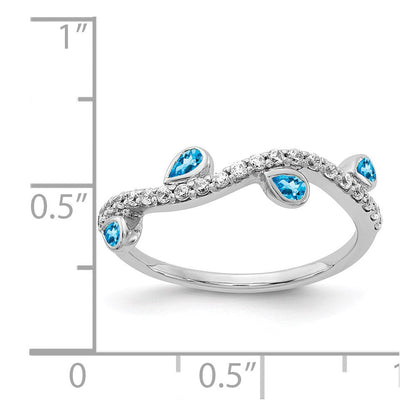 14k White Gold Real Diamond and Pear Blue Topaz Curved Ring