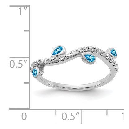Solid 14k White Gold Simulated CZ and Pear Blue Topaz Curved Ring