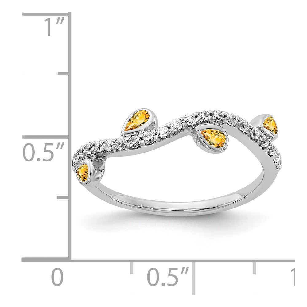 Solid 14k White Gold Simulated CZ and Pear Citrine Curved Ring
