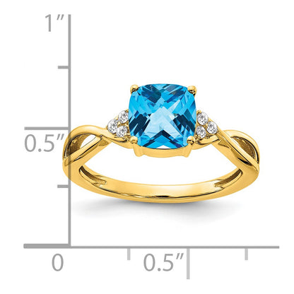 Solid 14k Yellow Gold ChecKerboard Simulated Blue Topaz and CZ Ring