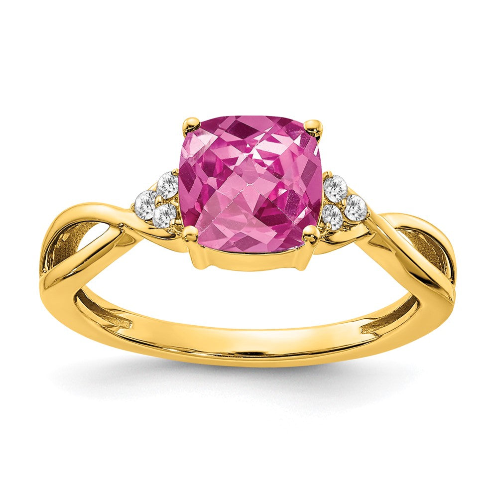 14k yellow gold checkerboard created pink sapphire and real diamond ring rm4393 cps 006 ya