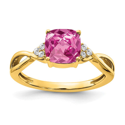 14k yellow gold checkerboard created pink sapphire and real diamond ring rm4393 cps 006 ya