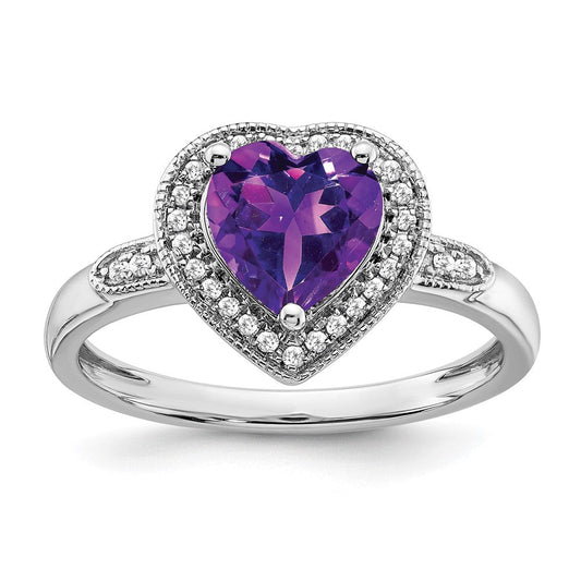 14k white gold heart amethyst and real diamond halo ring rm4398 am 012 wa