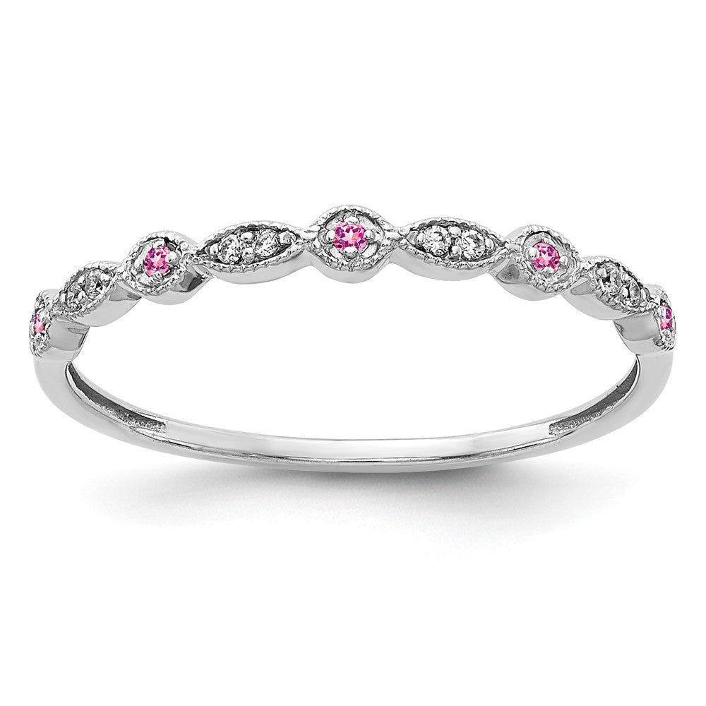 Solid 14k White Gold Simulated CZ and PinK Sapphire Fancy Band
