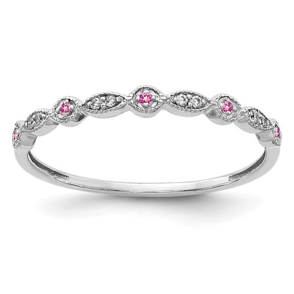 Solid 14k White Gold Simulated CZ and PinK Sapphire Fancy Band