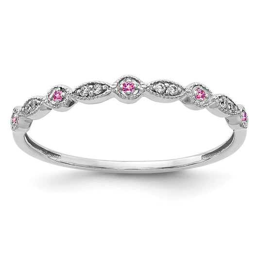 Solid 14k White Gold Simulated CZ and PinK Sapphire Fancy Band