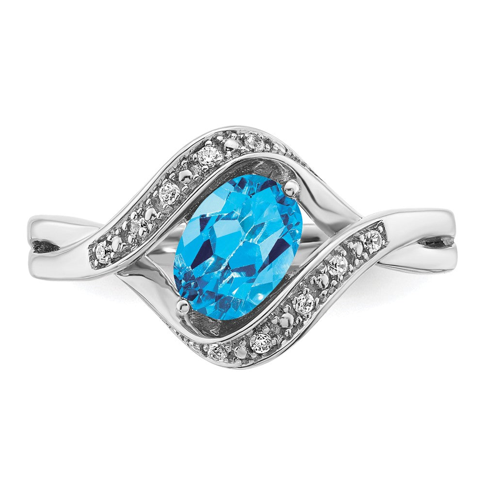 Solid 14k White Gold Oval Simulated Blue Topaz and CZ Ring