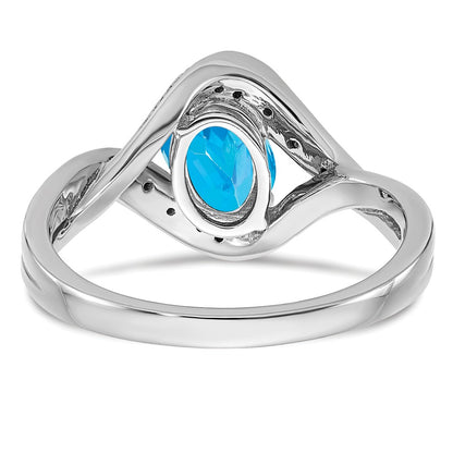 Solid 14k White Gold Oval Simulated Blue Topaz and CZ Ring