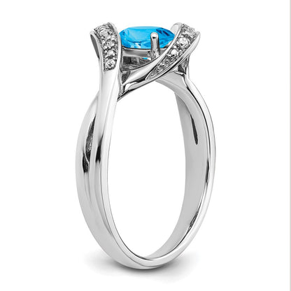 Solid 14k White Gold Oval Simulated Blue Topaz and CZ Ring