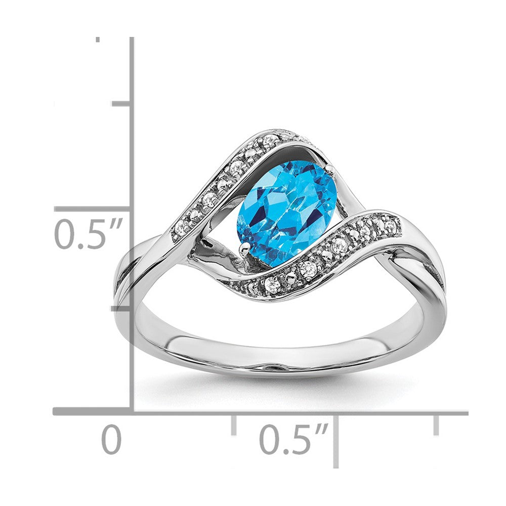 Solid 14k White Gold Oval Simulated Blue Topaz and CZ Ring