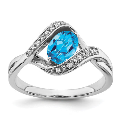 Solid 14k White Gold Oval Simulated Blue Topaz and CZ Ring