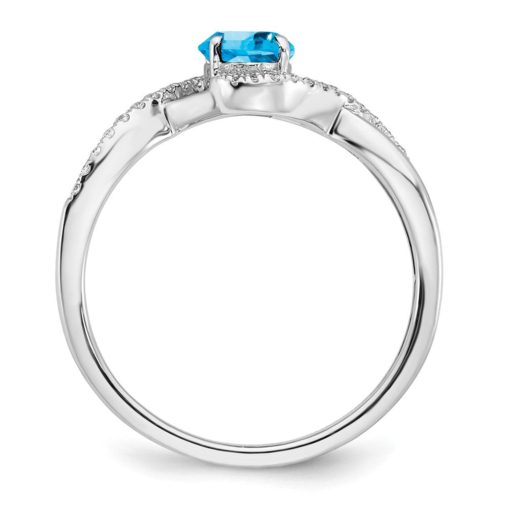 Solid 14k White Gold Oval Simulated Blue Topaz and CZ Twist Ring