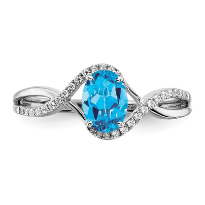 Solid 14k White Gold Oval Simulated Blue Topaz and CZ Twist Ring