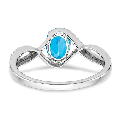 Solid 14k White Gold Oval Simulated Blue Topaz and CZ Twist Ring