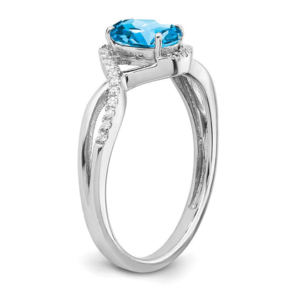 Solid 14k White Gold Oval Simulated Blue Topaz and CZ Twist Ring