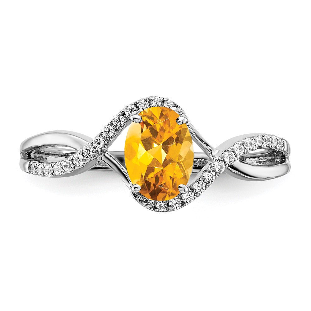 Solid 14k White Gold Oval Simulated Citrine and CZ Twist Ring