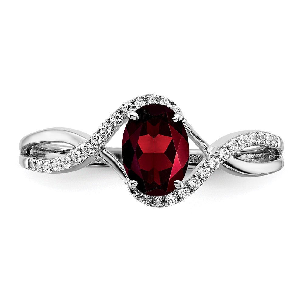 Solid 14k White Gold Oval Simulated Garnet and CZ Twist Ring