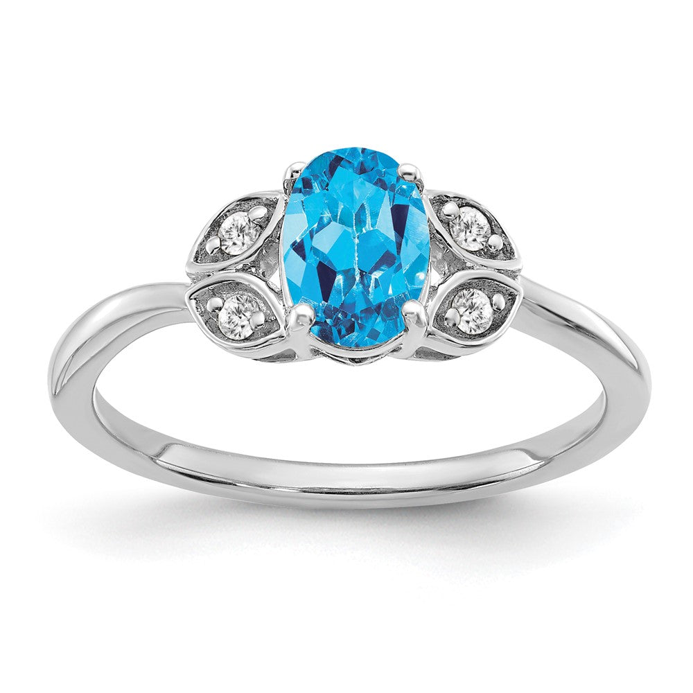 Solid 14k White Gold Simulated Blue Topaz and CZ Ring