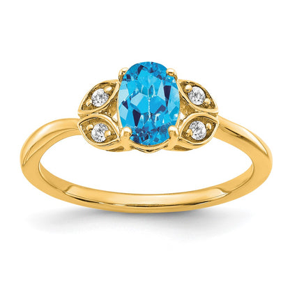 Solid 14k Yellow Gold Simulated Blue Topaz and CZ Ring