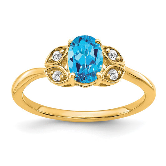 Solid 14k Yellow Gold Simulated Blue Topaz and CZ Ring