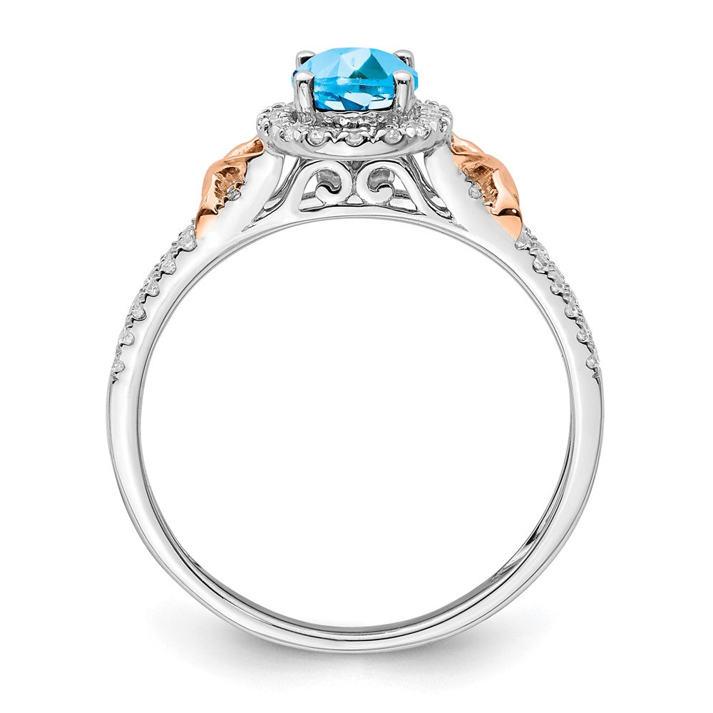 Solid 14K White/Rose Gold White w/RG Accent Simulated Blue Topaz and CZ Halo Ring