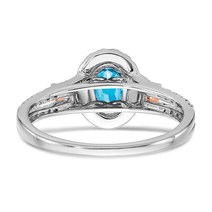 Solid 14K White/Rose Gold White w/RG Accent Simulated Blue Topaz and CZ Halo Ring
