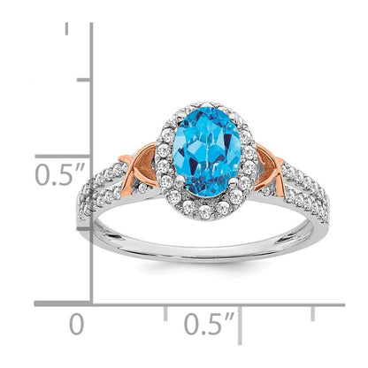 Solid 14K White/Rose Gold White w/RG Accent Simulated Blue Topaz and CZ Halo Ring