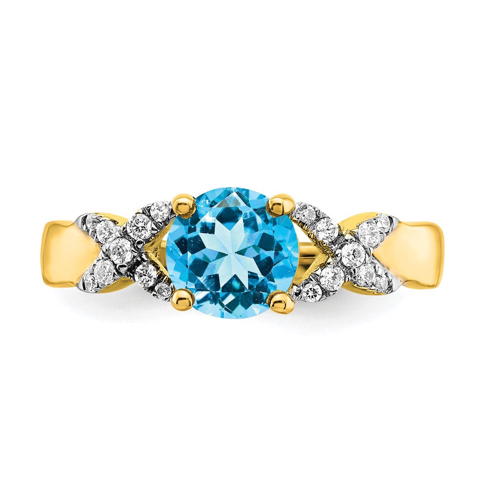 Solid 14k Two-tone Simulated Blue Topaz and CZ Ring
