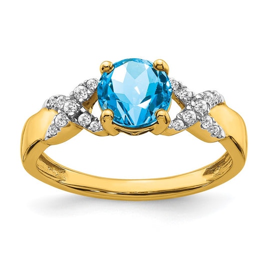 Solid 14k Two-tone Simulated Blue Topaz and CZ Ring