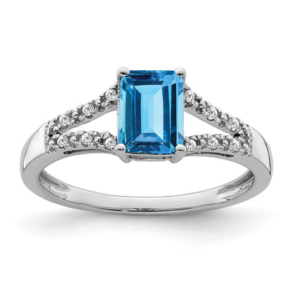 Solid 14k White Gold Simulated Emerald Simulated-cut Blue Topaz and CZ Ring