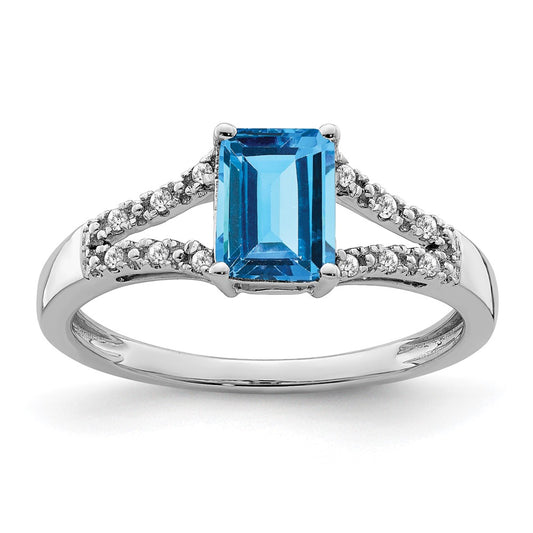 Solid 14k White Gold Simulated Emerald Simulated-cut Blue Topaz and CZ Ring