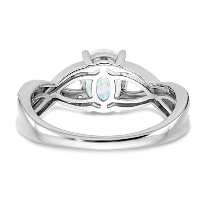 Solid 14k White Gold Created Simulated Opal and CZ Ring