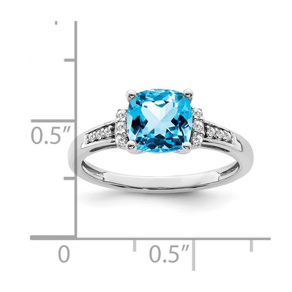 Solid 14k White Gold Cushion Simulated Blue Topaz and CZ Ring