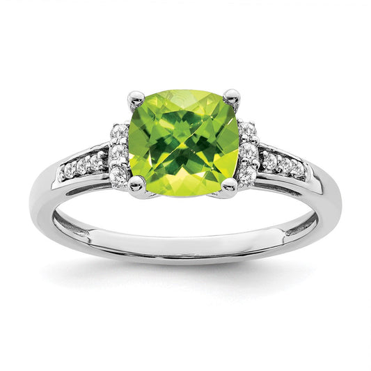 14k white gold cushion peridot and real diamond ring rm6031 pe 009 wa
