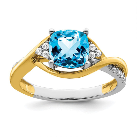 14k two tone gold cushion blue topaz and real diamond ring rm6039 bt 012 ywa