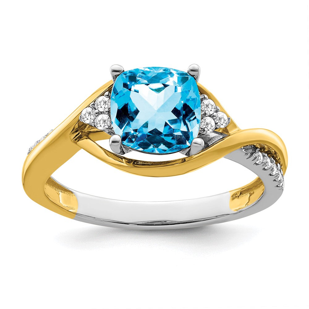 Solid 14k Two-tone Cushion Simulated Blue Topaz and CZ Ring