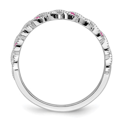 Solid 14k White Gold Created PinK Simulated Sapphire and CZ Twist Band