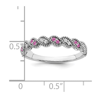Solid 14k White Gold Created PinK Simulated Sapphire and CZ Twist Band